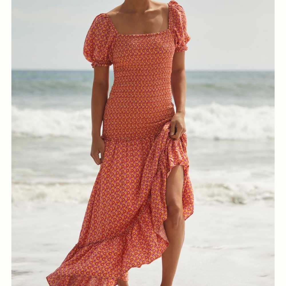NWT LSPACE Simone Midi Dress in Orange Motif size S